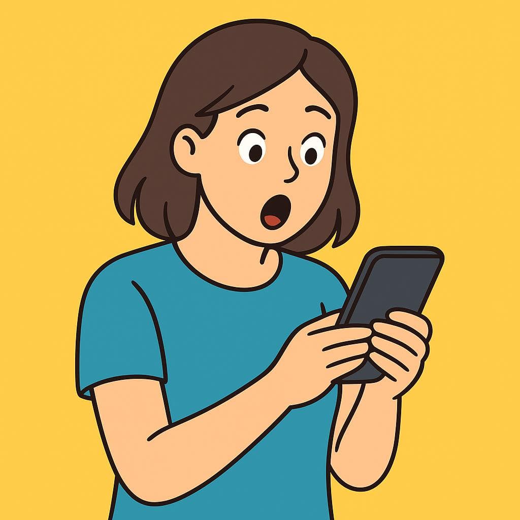 A cartoon woman looking shocked while holding her phone, illustrating the feeling of 'I can't believe it'.