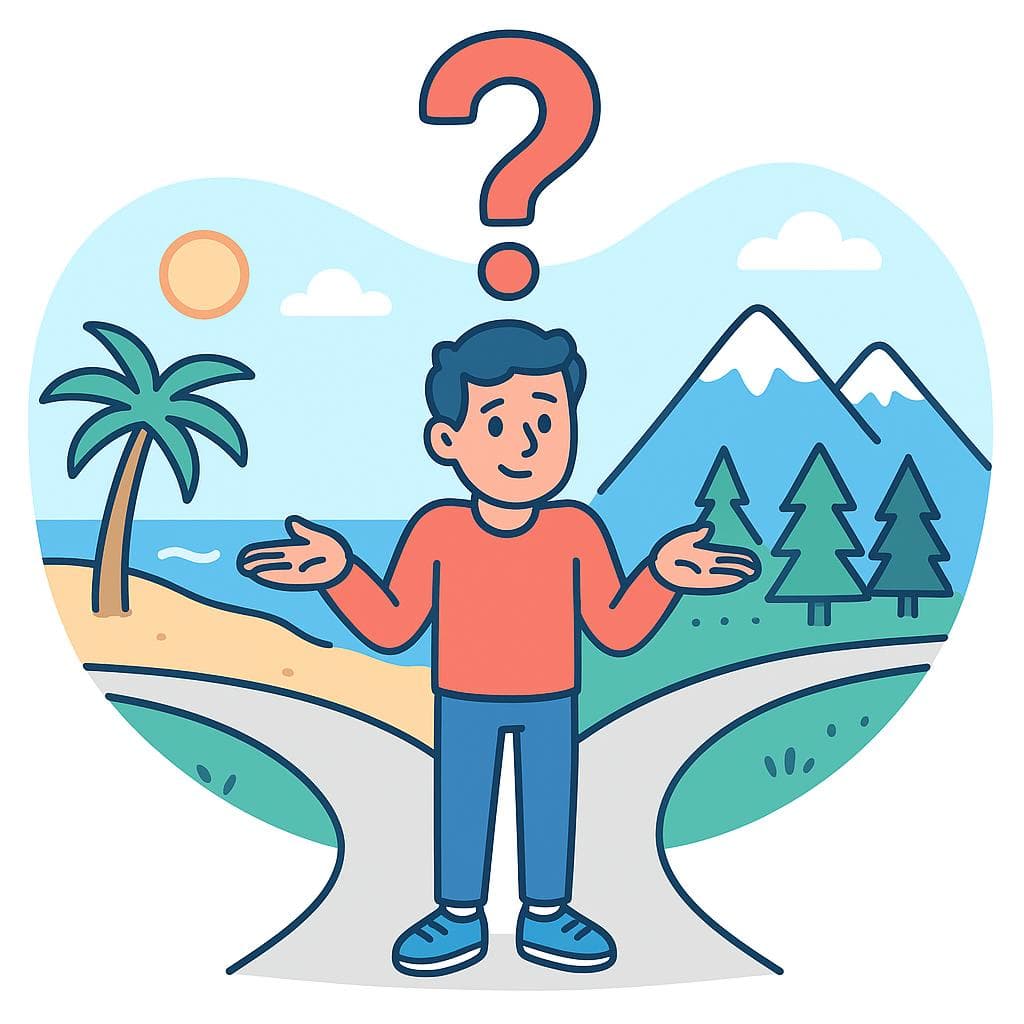 A cartoon person stands at a fork in the road, shrugging, unable to decide between the path to the beach or the path to the mountains, visually representing the concept of 'it depends.'