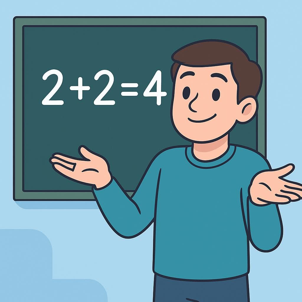A cartoon person looking at a simple math equation on a blackboard, feeling confident and relaxed because it is very easy.