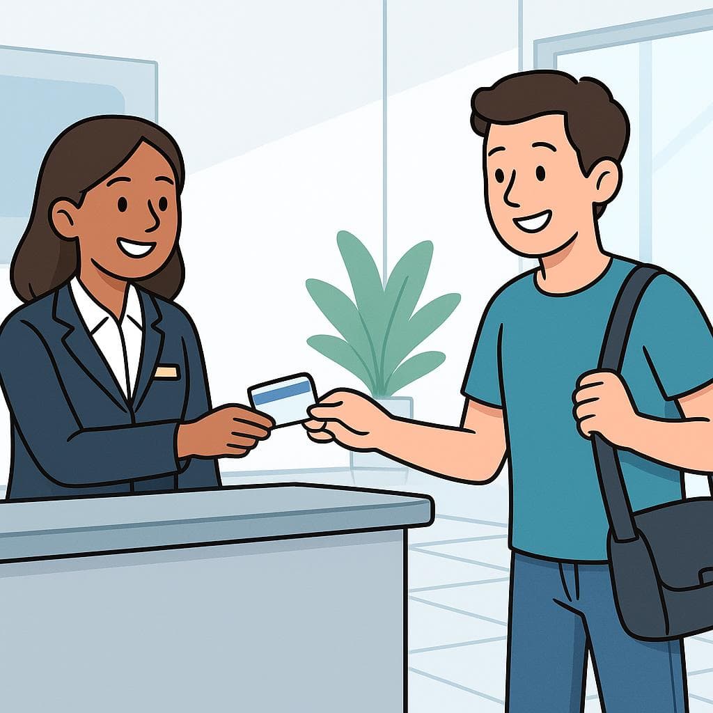 A hotel receptionist warmly wishing a guest to enjoy their stay by handing them their room key.