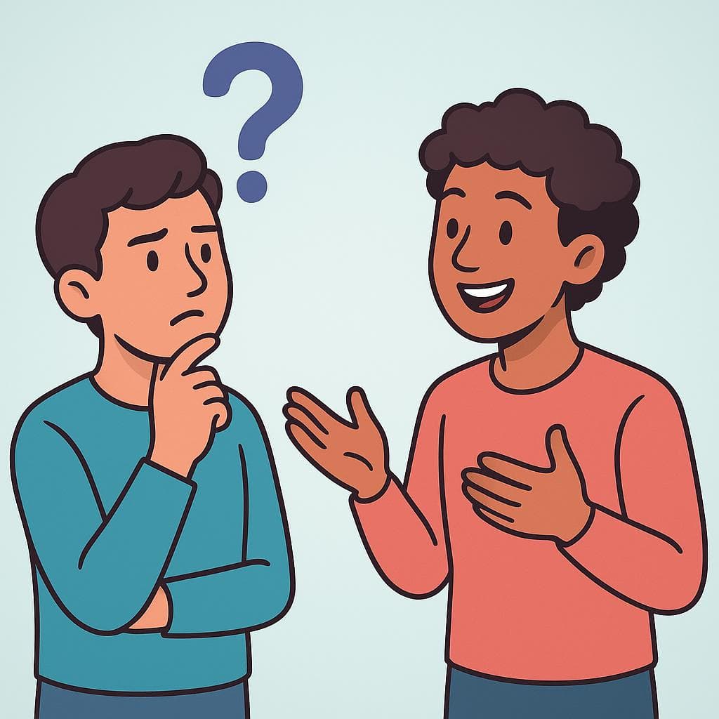 A cartoon of one person looking confused with a question mark over their head, while another person patiently explains something to them.