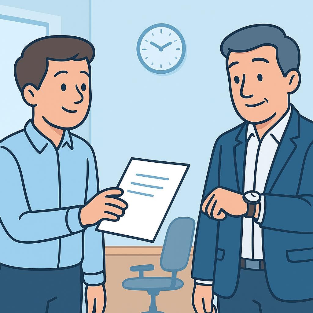 A cartoon of an employee giving a report to a manager who needs it quickly.