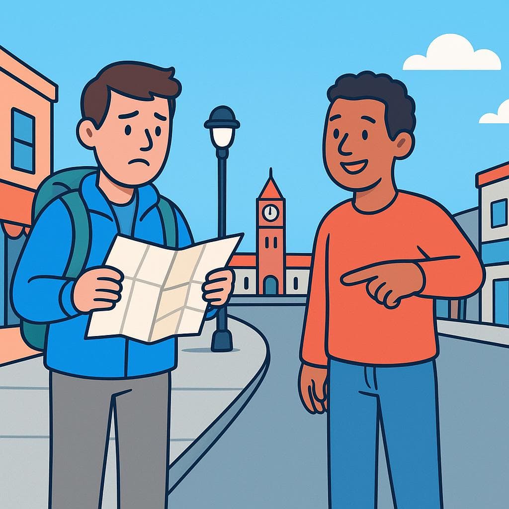 A cartoon illustration of a traveler asking a local for directions to a train station.
