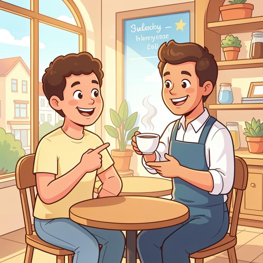 A person pointing to themselves while a waiter brings coffee.