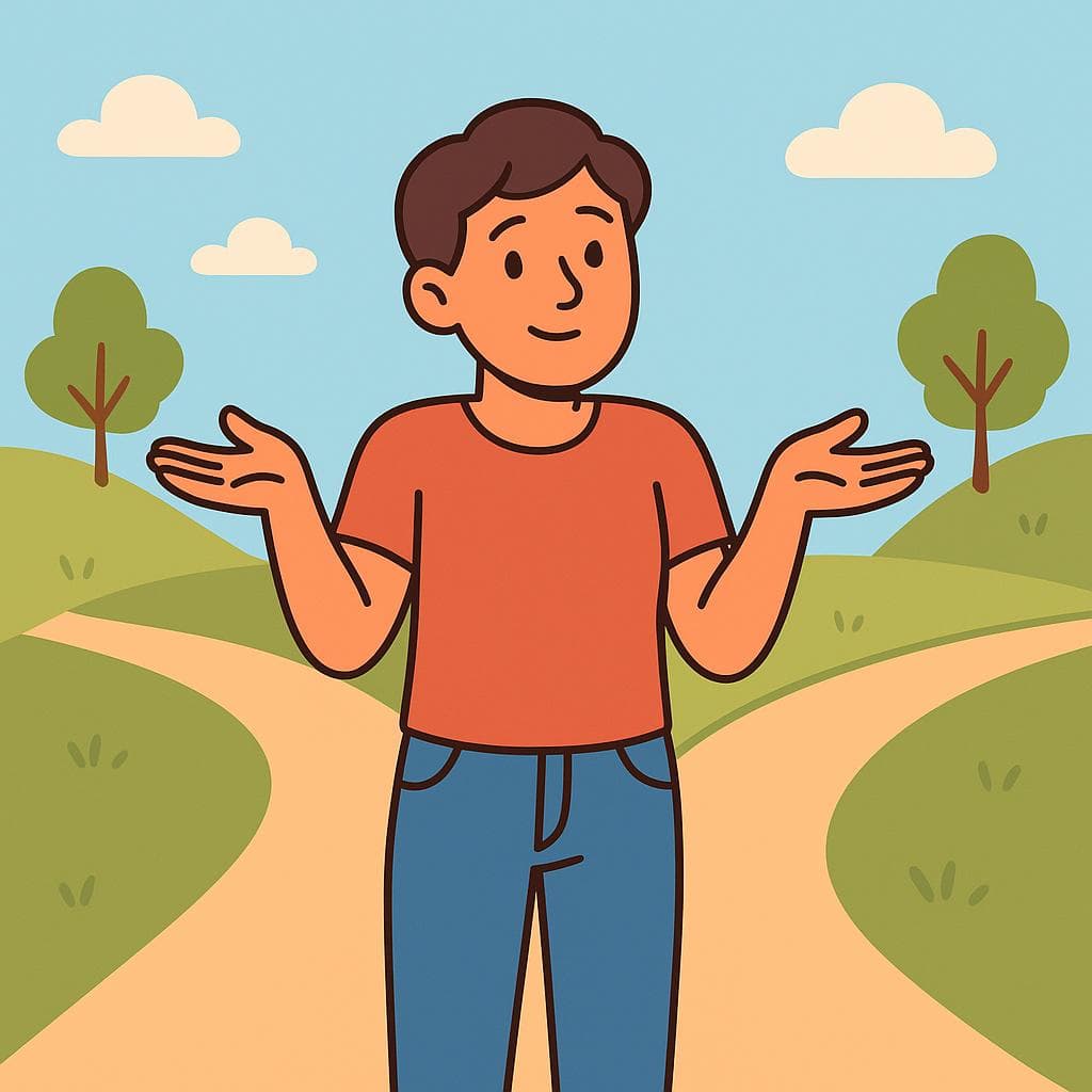 A cartoon character standing at a split in a path, looking confused and shrugging, unsure which way to go.
