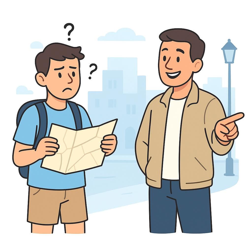 A cartoon tourist with a confused look on their face holds a map, while a local person tries to help them.