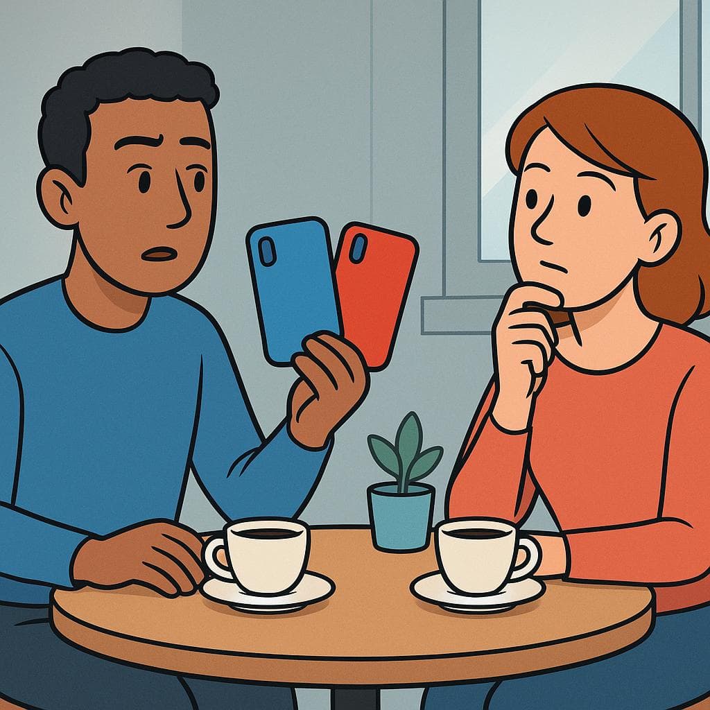 A cartoon of one person asking a friend for their opinion on two different phone cases.