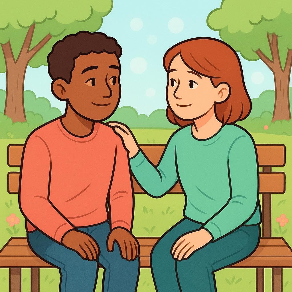 An illustration of two good friends on a park bench, one comforting the other, visually representing a moment of deep appreciation and connection.