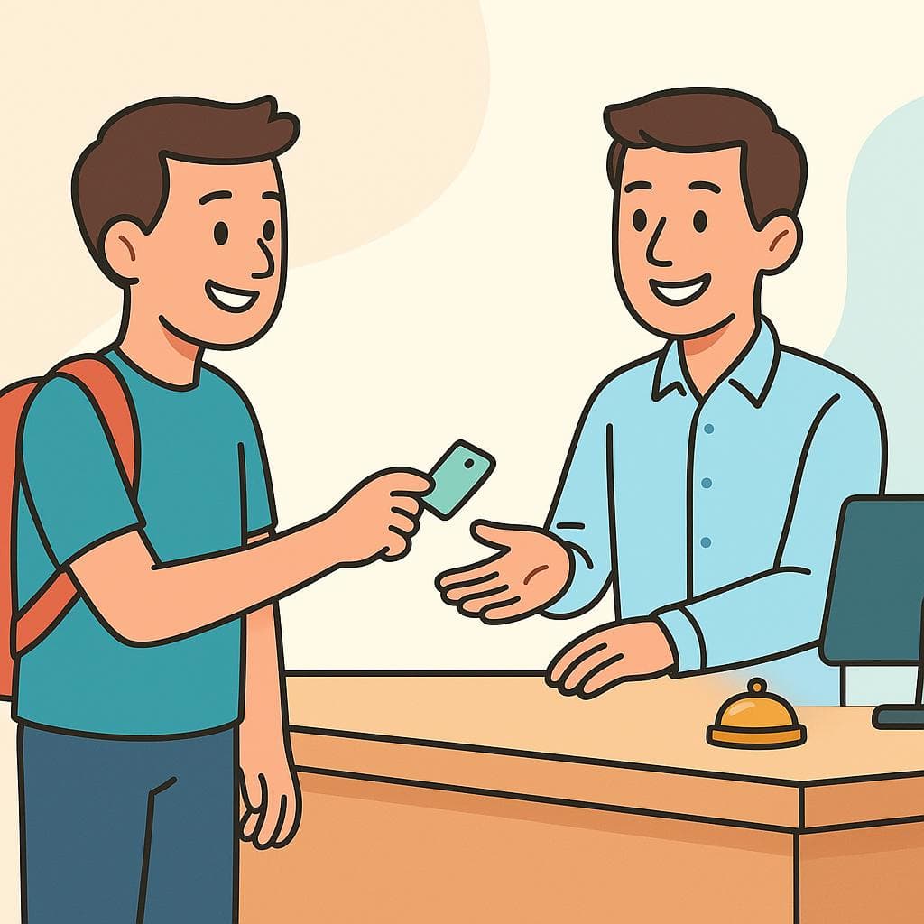 A traveler at a hotel front desk, checking out by giving their key to the receptionist.