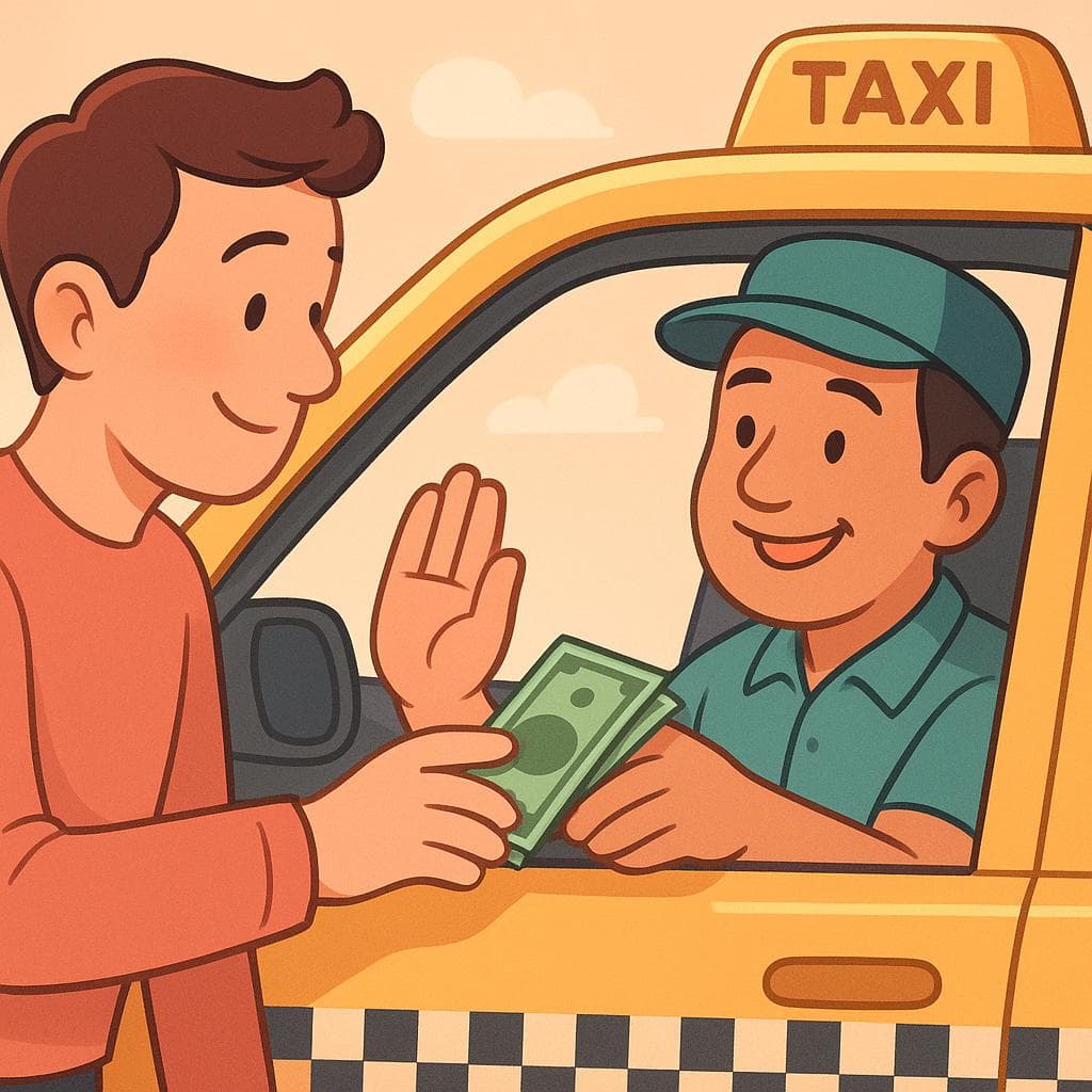 A passenger paying a driver and gesturing with their hand to decline the change