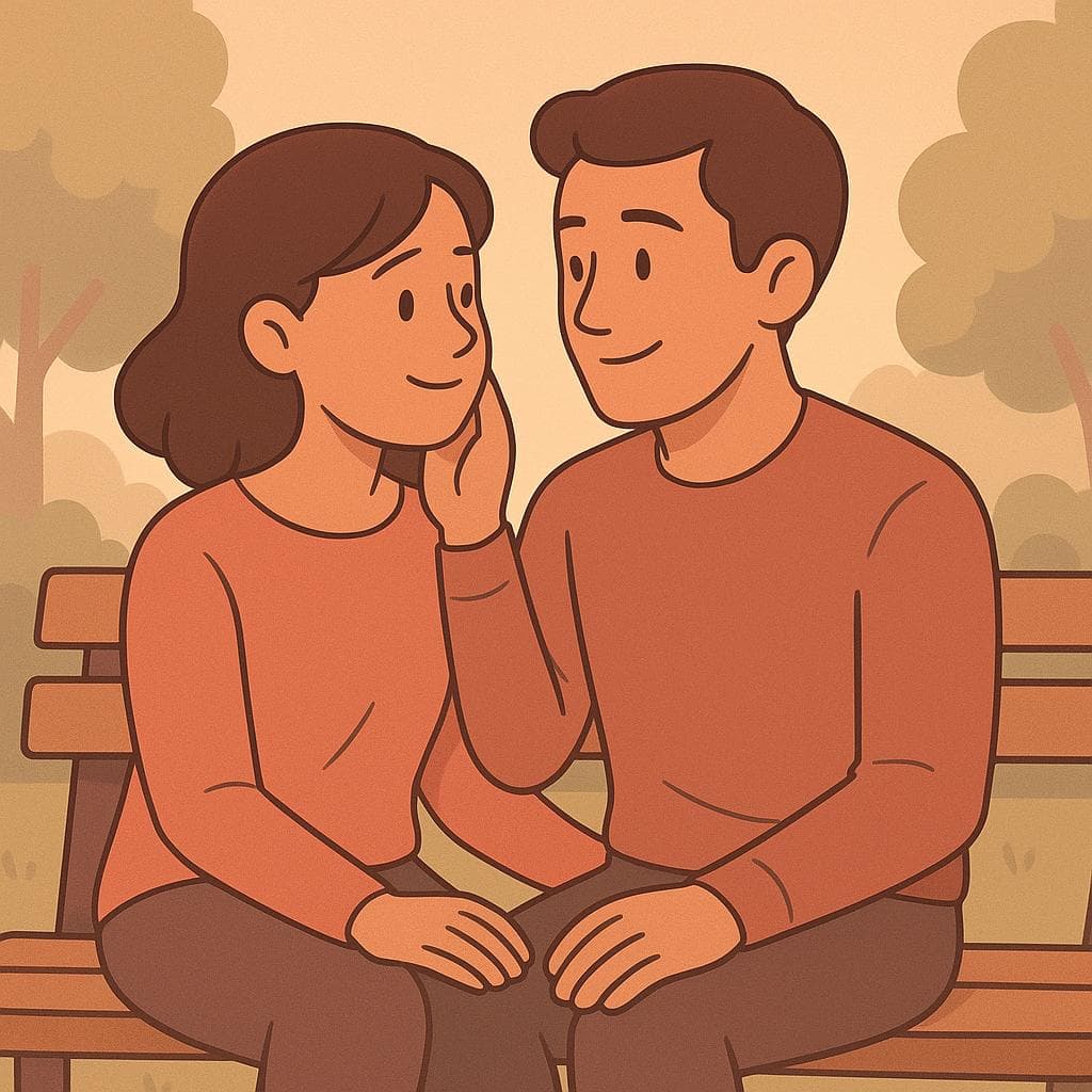 A cartoon couple sharing an affectionate moment on a park bench, representing the use of terms of endearment like 'my sweetheart'.