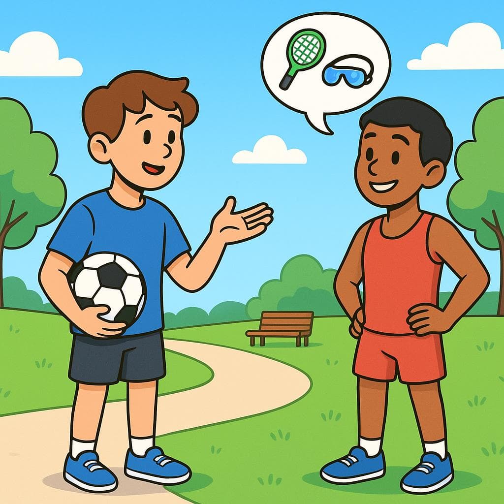 A cartoon of two people in a park discussing sports. One has a soccer ball, and the other is thinking about tennis and swimming.