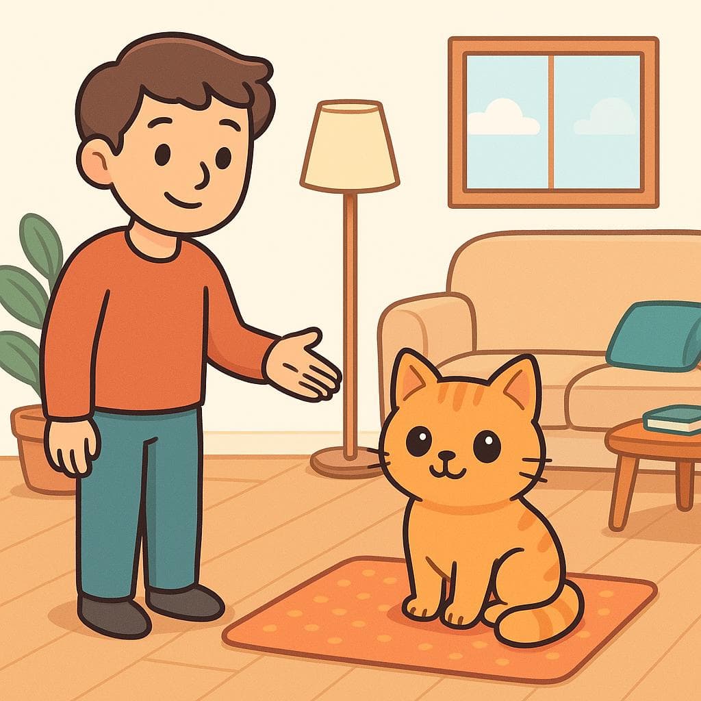 A person happily pointing to their pet cat in a living room.