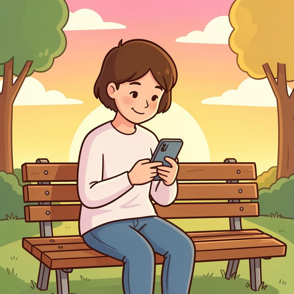 A person smiling while looking at their phone, suggesting they are thinking of someone special.