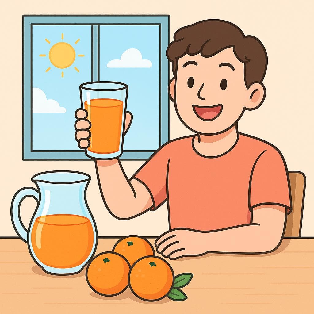 A cartoon person enjoying a glass of orange juice for breakfast.