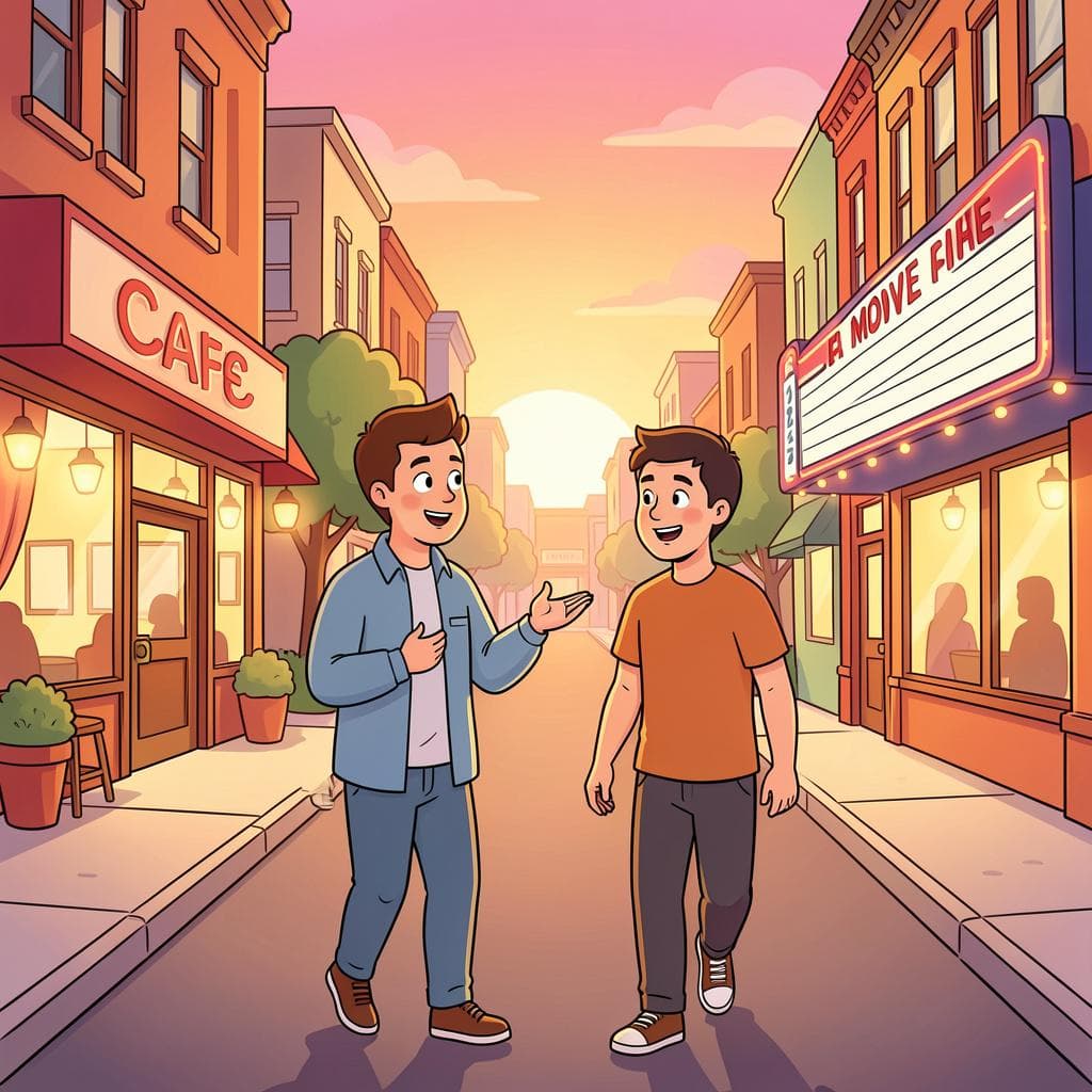Two friends talking casually on a city street at sunset.