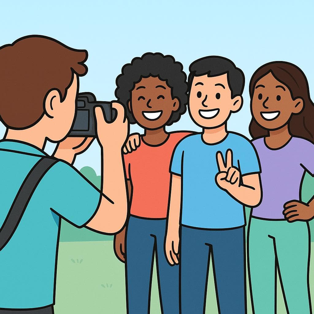 A cartoon drawing of a photographer taking a picture of three smiling friends.