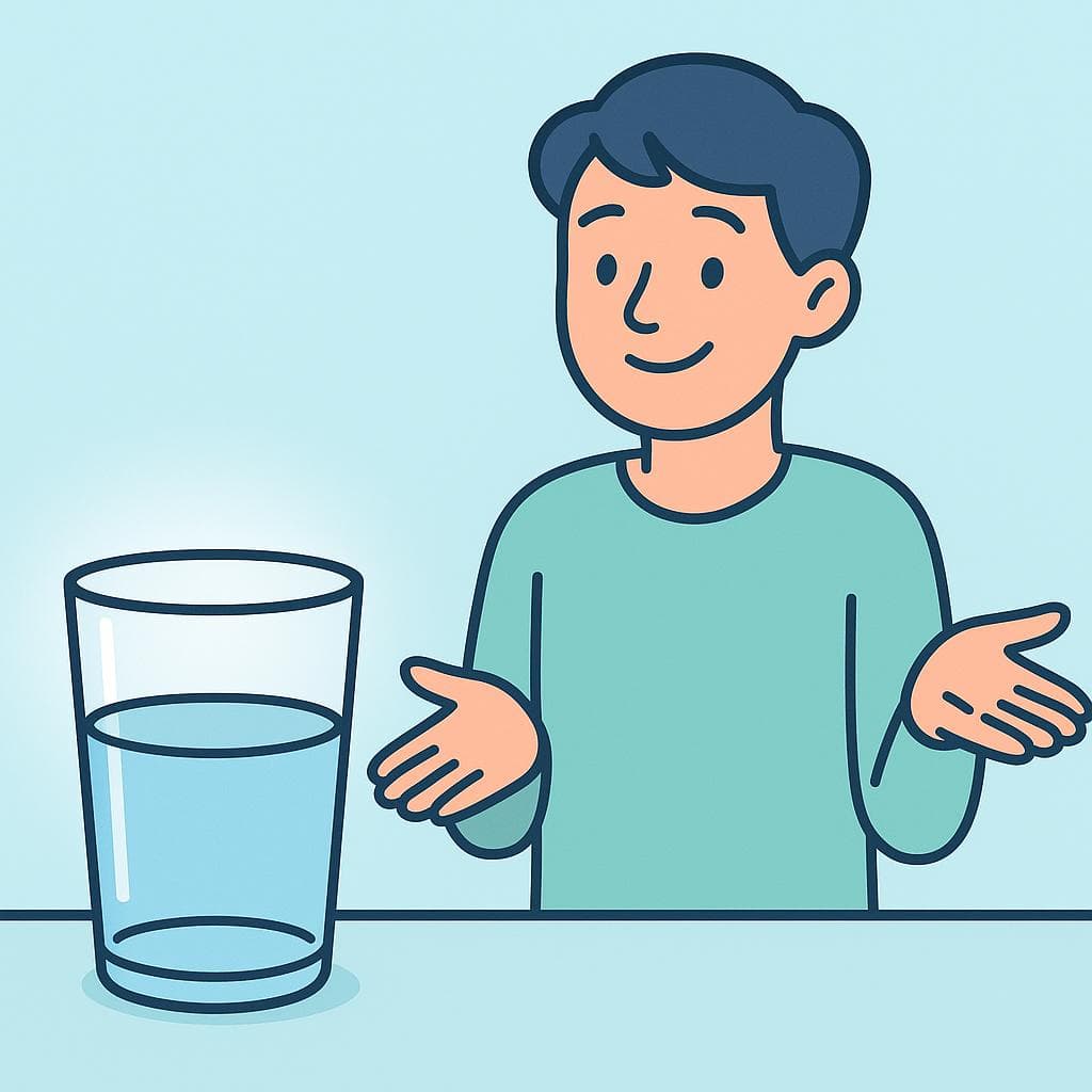 A cartoon of a person smiling optimistically at a half-full glass, representing the concept of 'at least'.