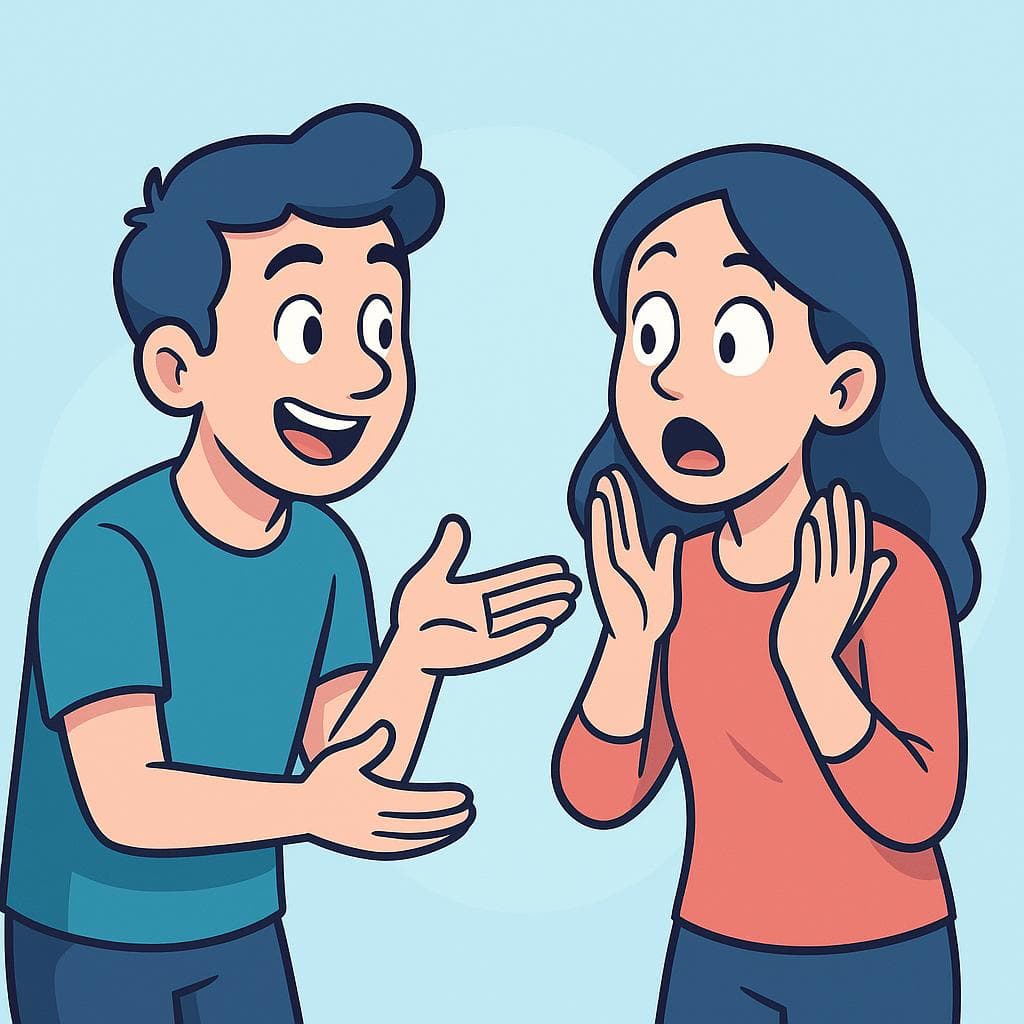 A cartoon character looks shocked with wide eyes as a friend tells them something unbelievable.