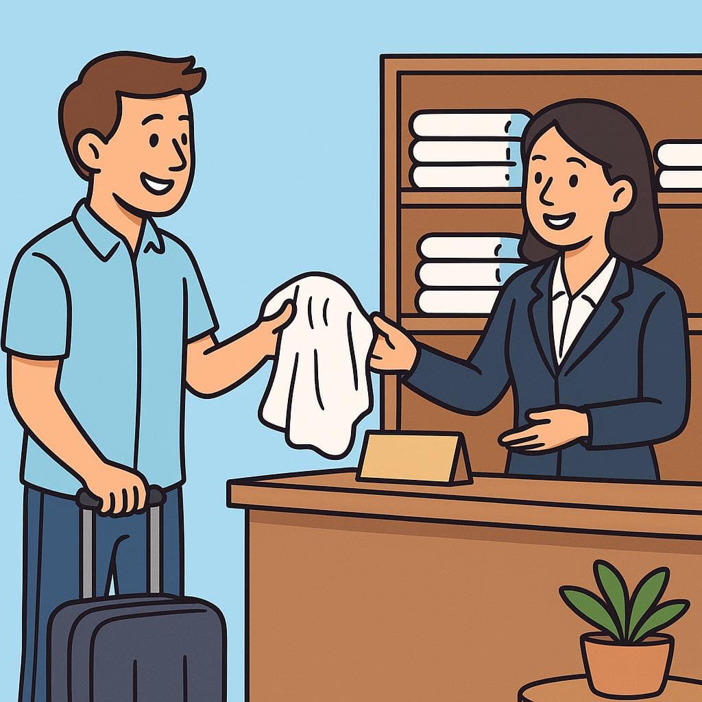 A person at a hotel front desk asking the receptionist for more towels.