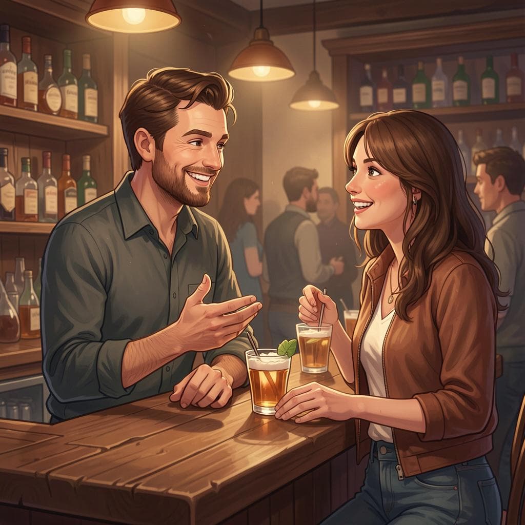 A friendly man offering to buy a drink for a woman at a warm, inviting bar.