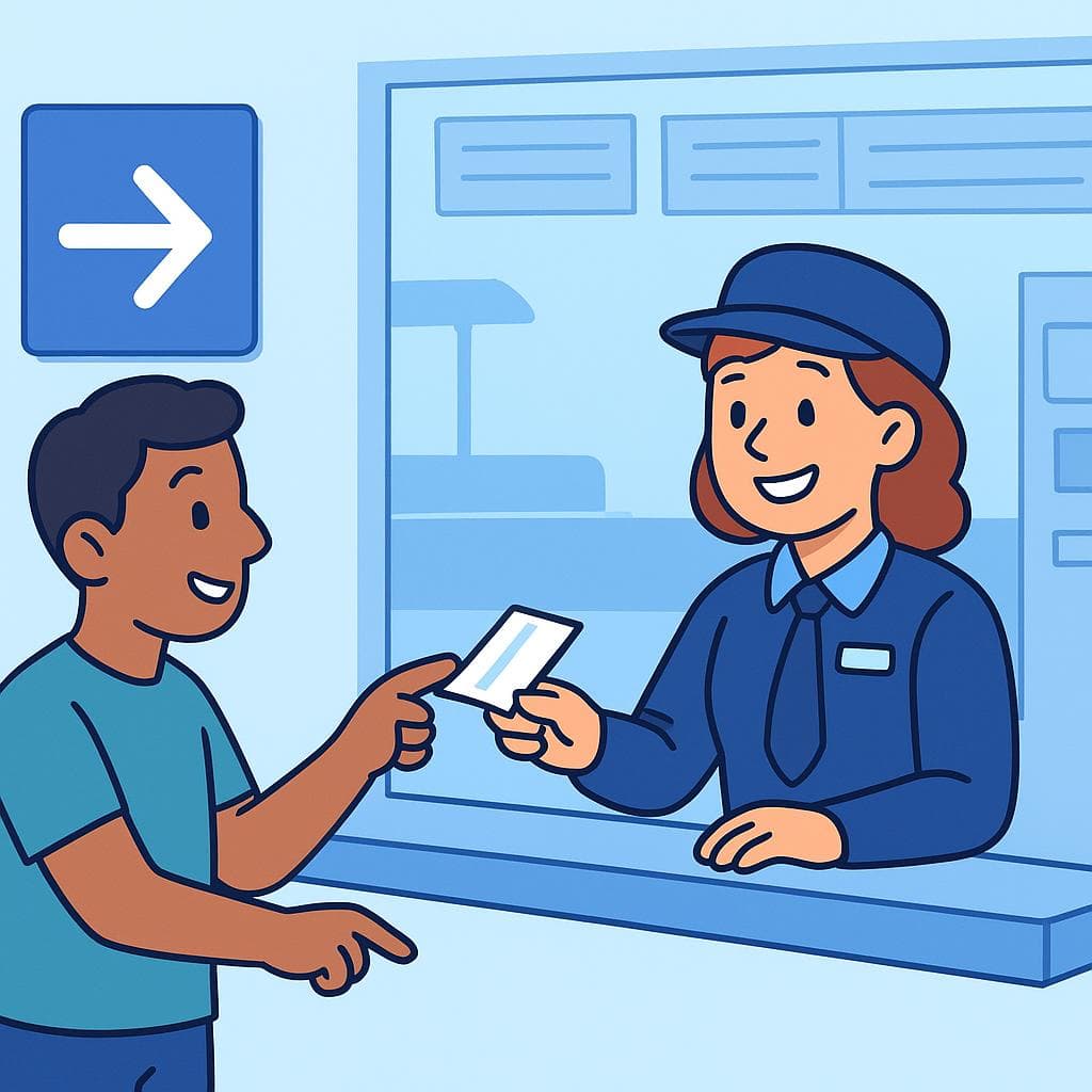 A traveler buying a one-way ticket at a train station counter from a friendly agent.