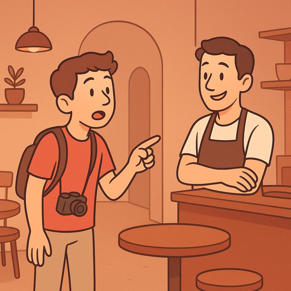 A person asking a cafe employee for directions, presumably to the bathroom.