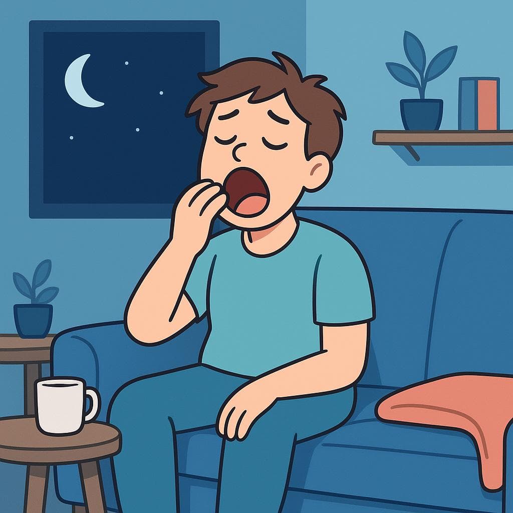 A cartoon person sitting on a sofa, yawning, clearly looking very tired and ready for bed.