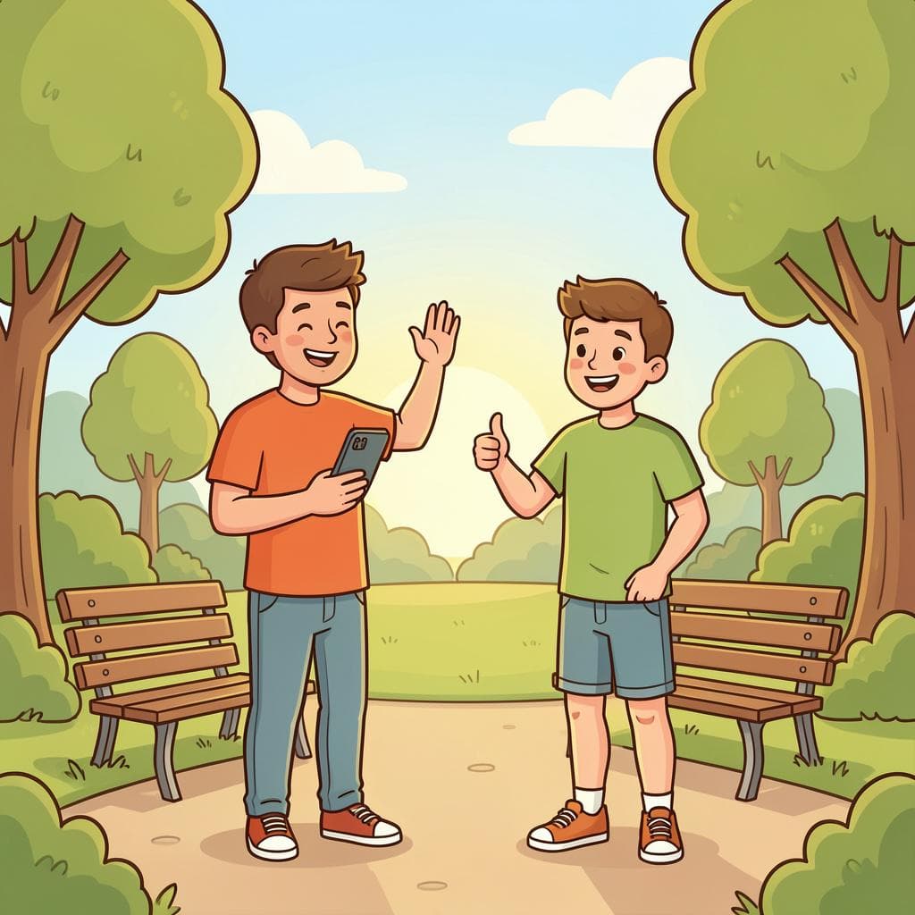 Two friends waving goodbye in a park while pointing to their phones.