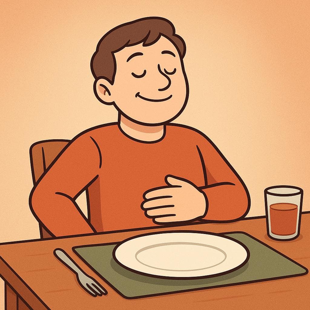 A satisfied diner leaning back after a meal, looking happy