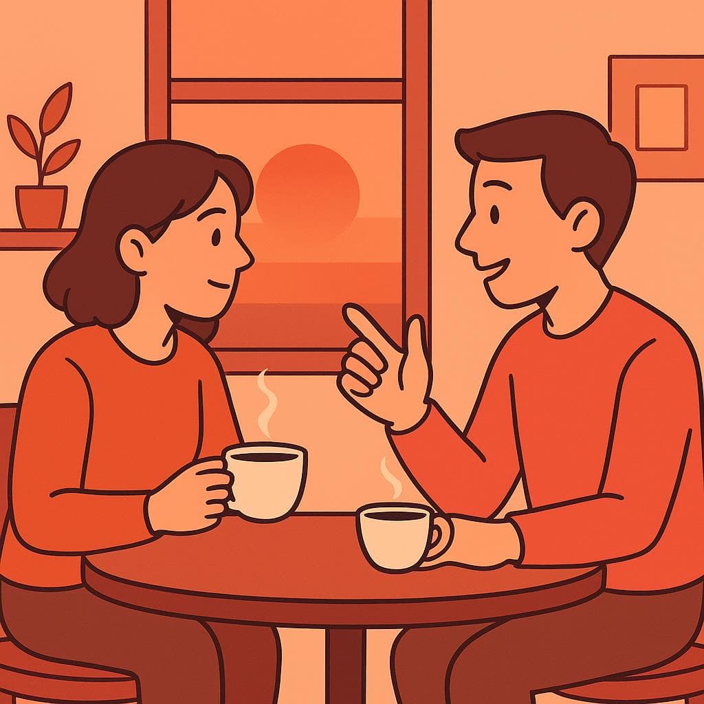 Illustration of two friends discussing something seriously at a cafe, with one making a final point as the sun sets.