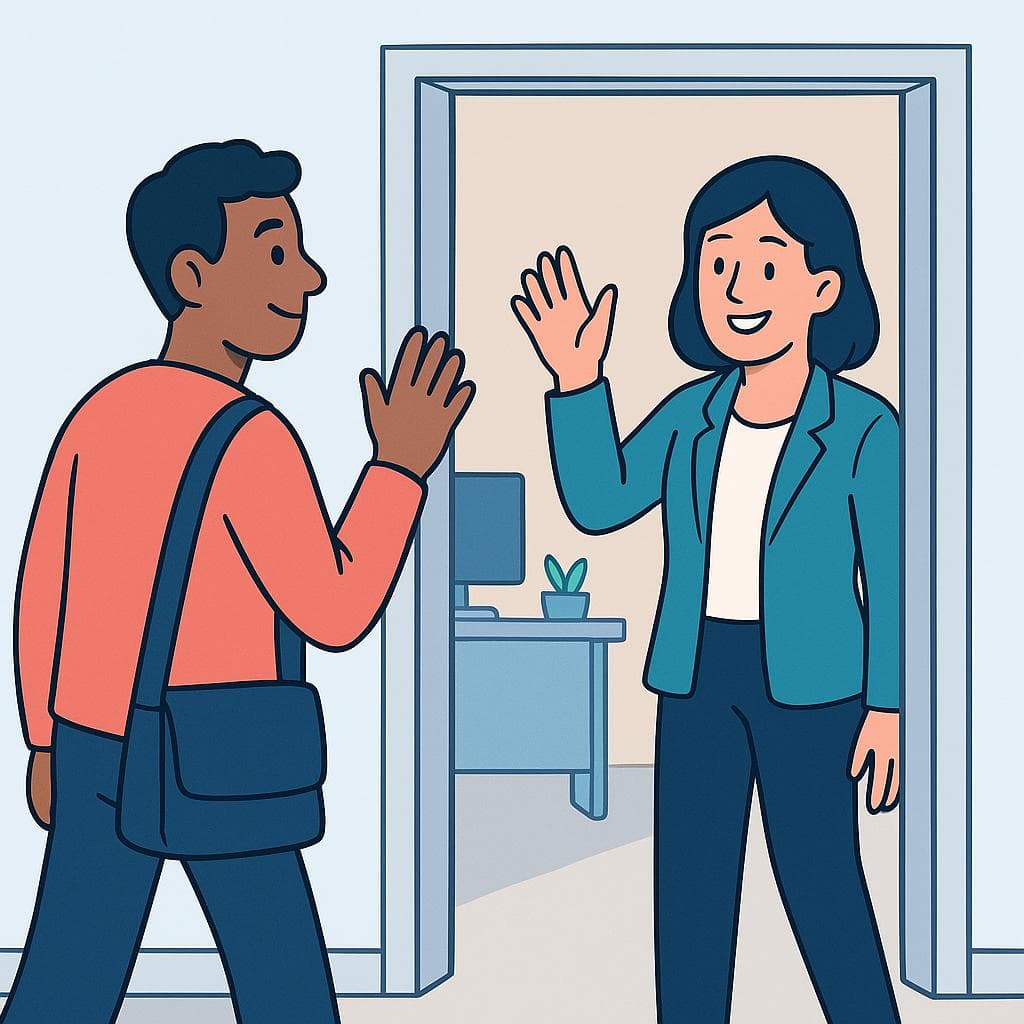 A cartoon of two coworkers waving goodbye at their office. One is leaving for the day while the other wishes them well.