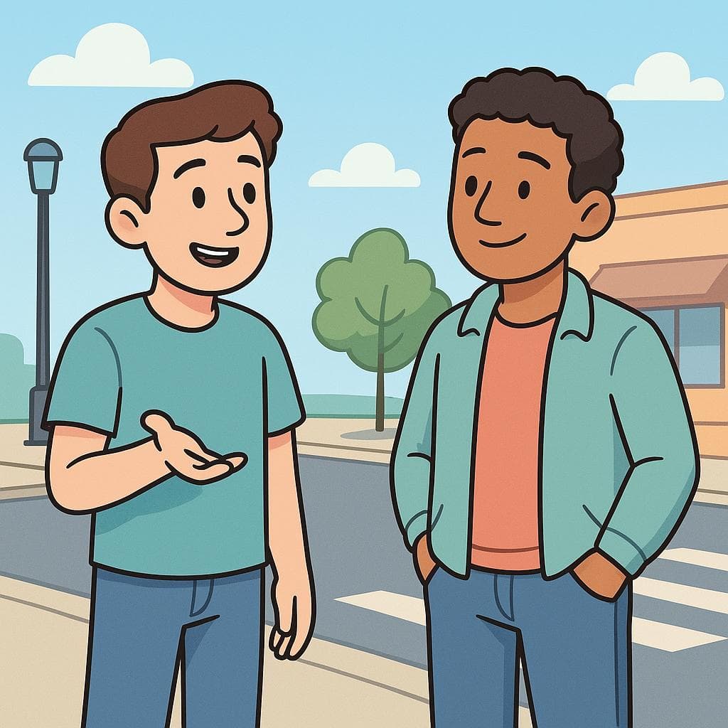A cartoon of two friends having a casual conversation on a sidewalk, illustrating a relaxed response like 'nothing much'.