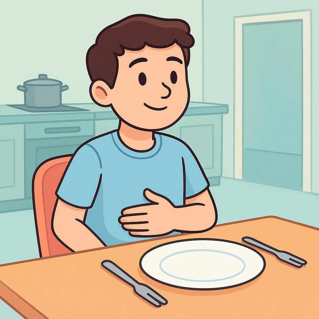 A person at a dinner table looking hungry, with an empty plate and fork and knife in hand.