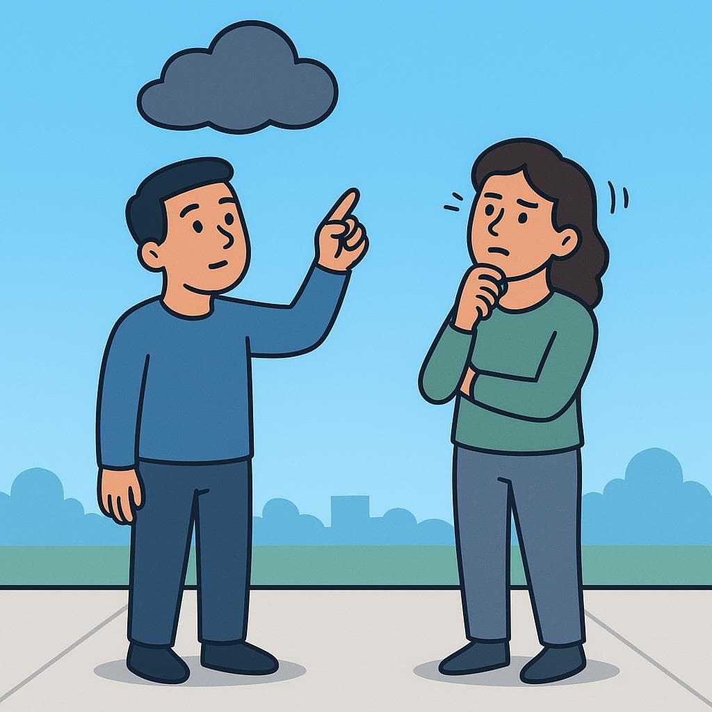 A cartoon person expresses doubt to a friend about whether it will rain, representing the phrase 'I don't think so'.