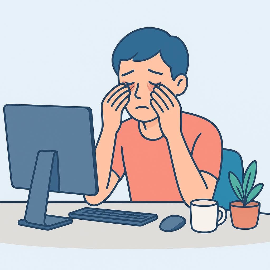 An illustration of a person rubbing their tired eyes after looking at a computer screen for too long.