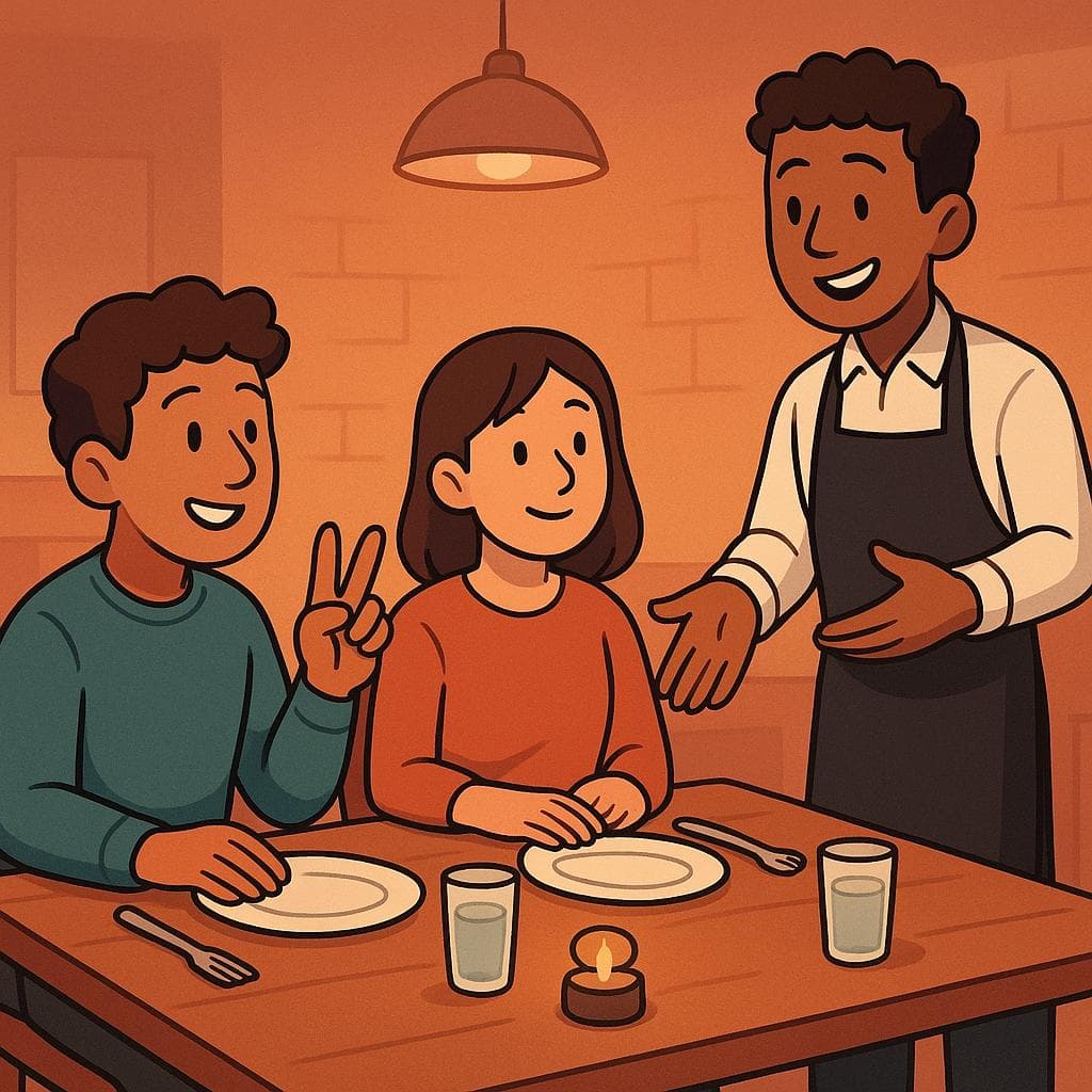 Two diners at a restaurant signaling to a waiter that they want separate bills by holding up two fingers