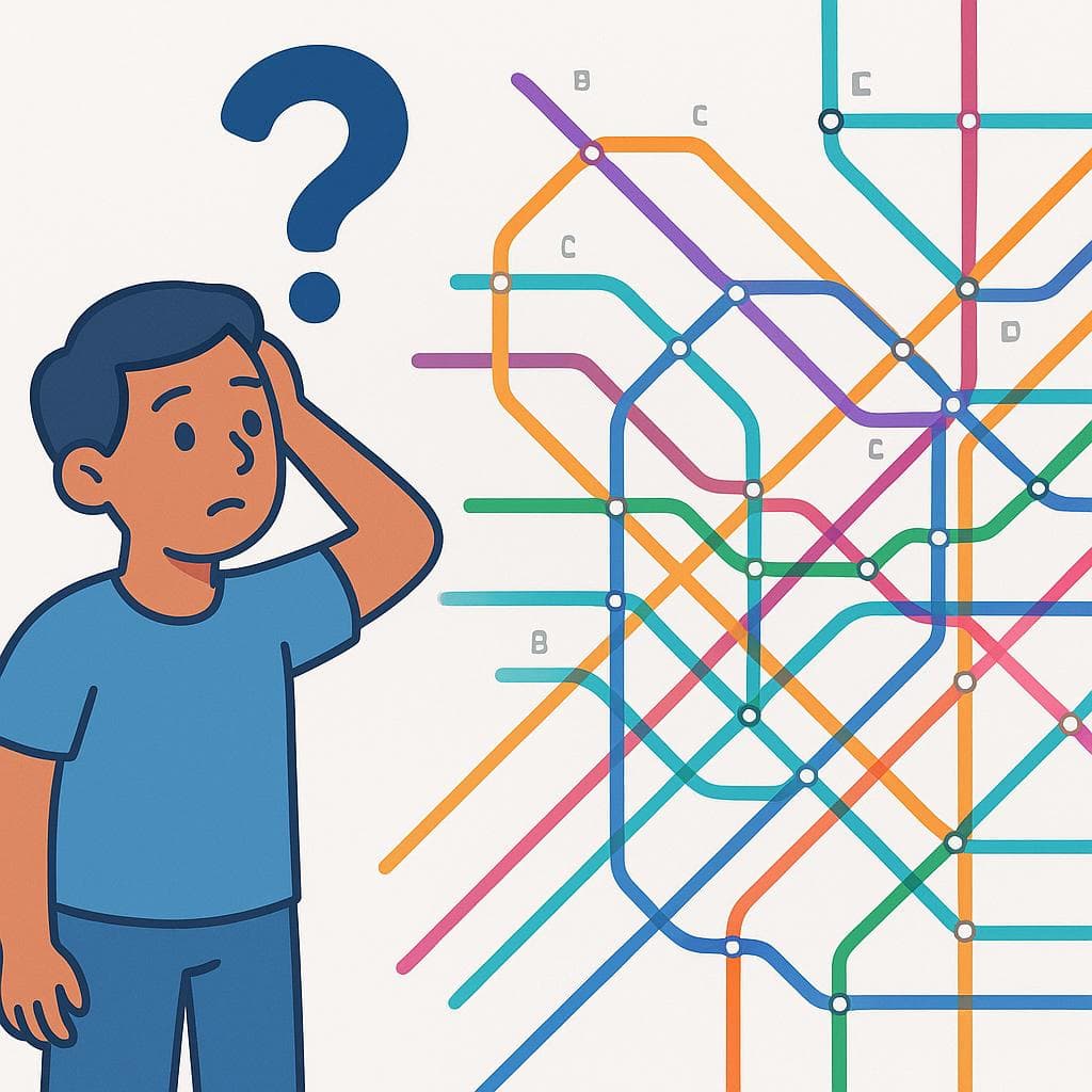 A cartoon person looking confused at a complicated subway map.