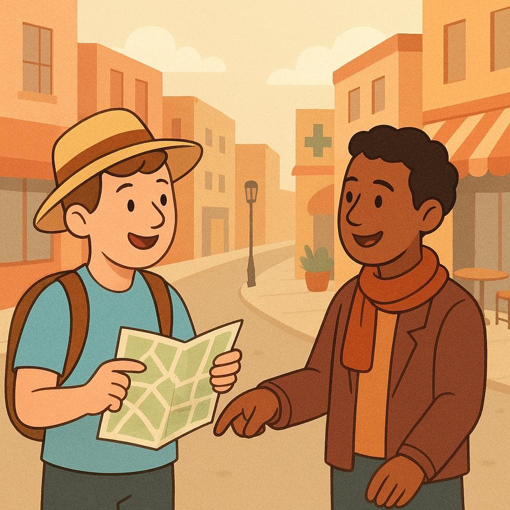 A tourist asking a local for directions with a pharmacy showing a green cross in the background