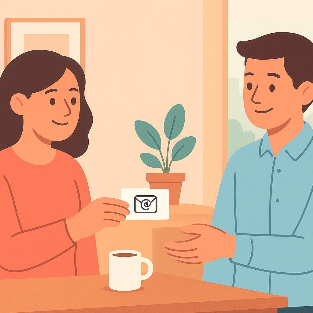 An illustration of two colleagues exchanging contact information, with one handing over a card that has an email symbol.