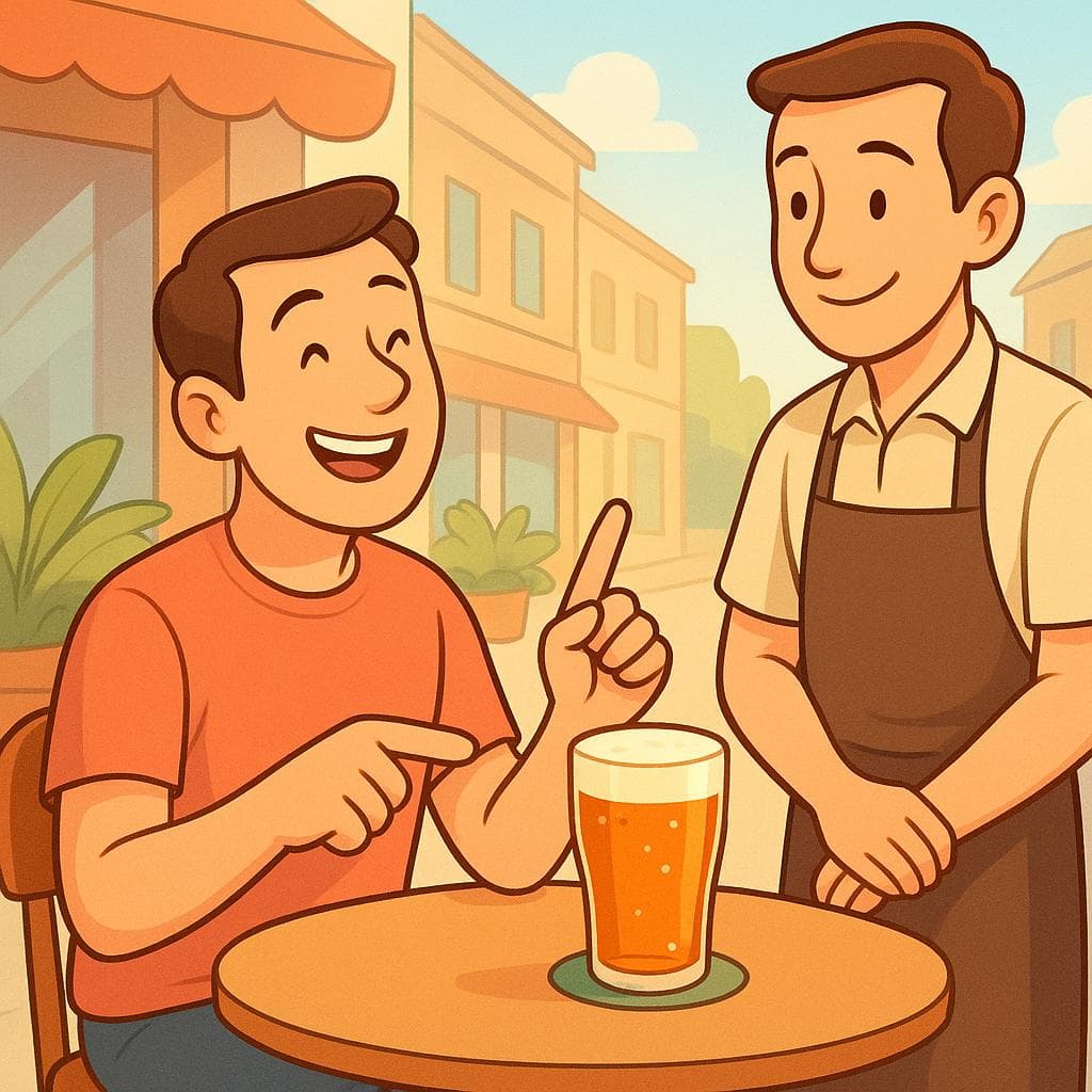 A customer at an outdoor cafe smiling and gesturing to a waiter to order a cold beer