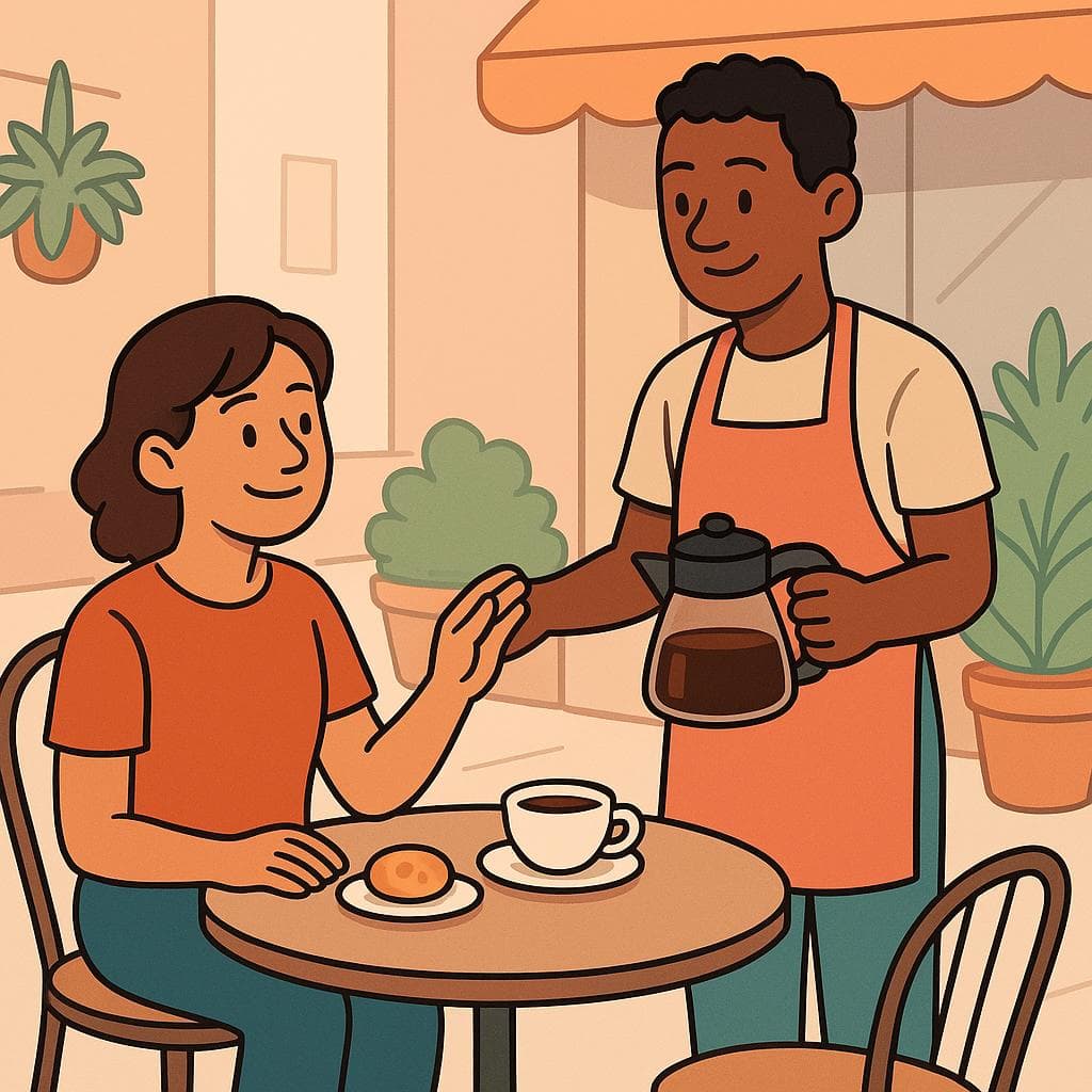 A friendly cartoon person at a cafe table nodding to a waiter who is holding a coffee pot, ready to pour a refill.