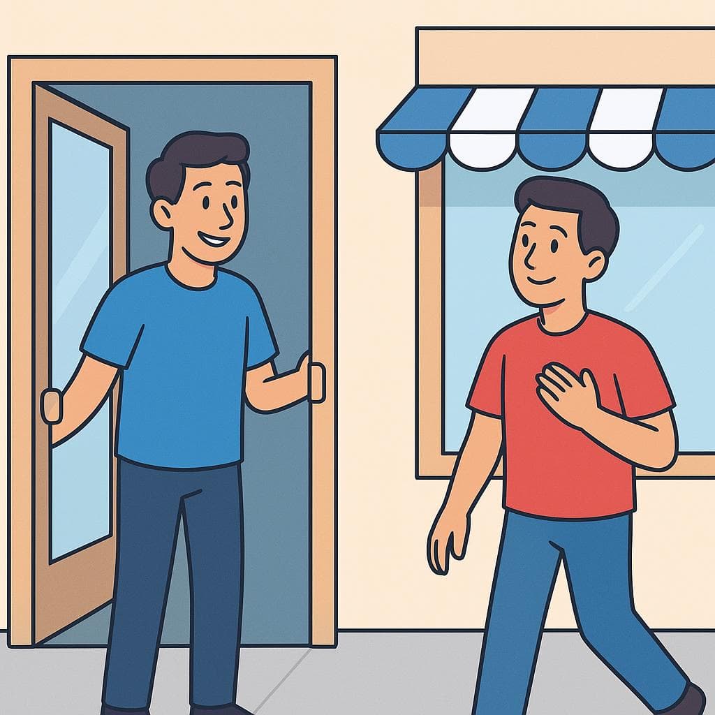 A friendly person holding a door open for another person, who is about to walk through. This illustrates the polite gesture of 'after you.'