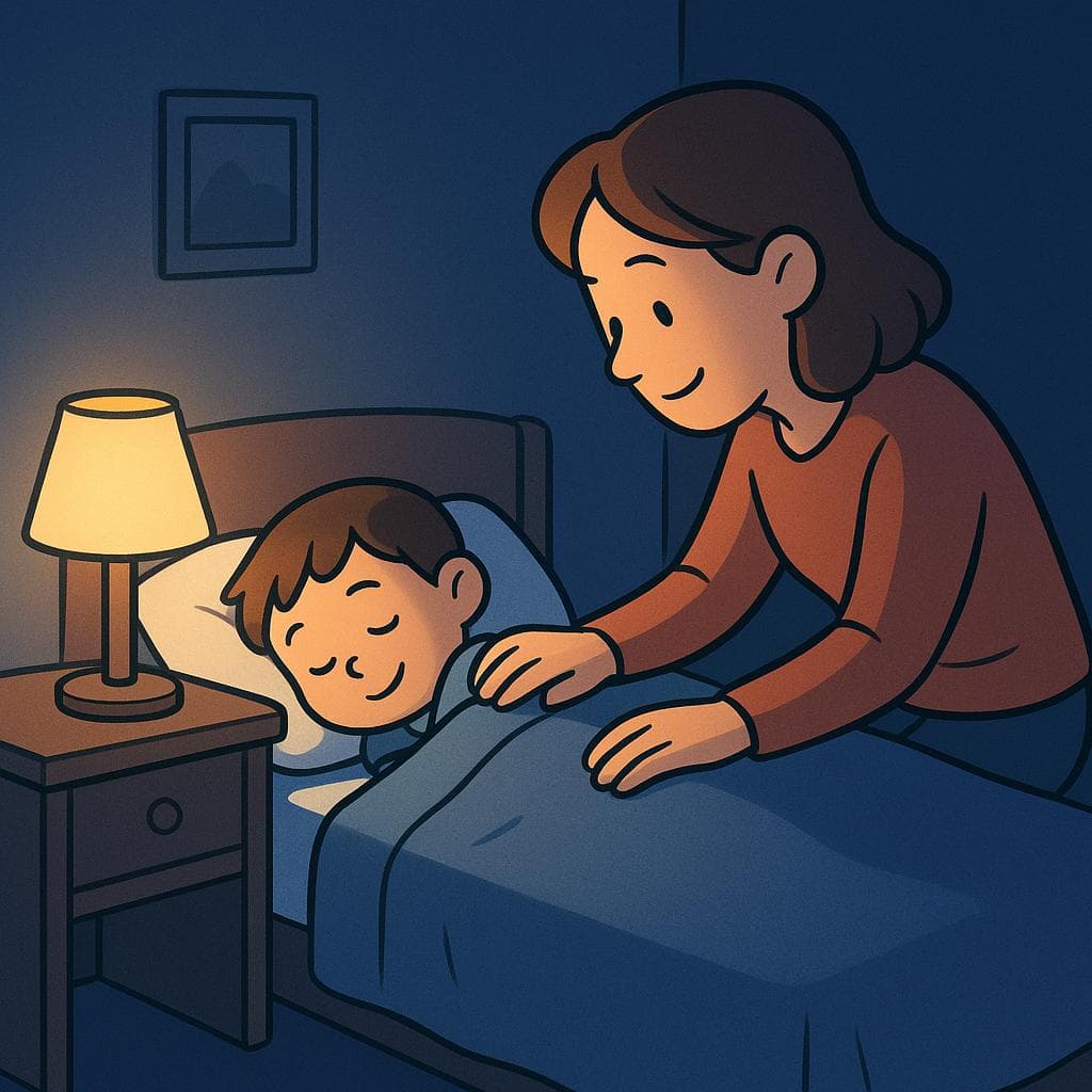 A parent smiling as they pull a blue blanket over a child who is sleeping peacefully in a small bed.