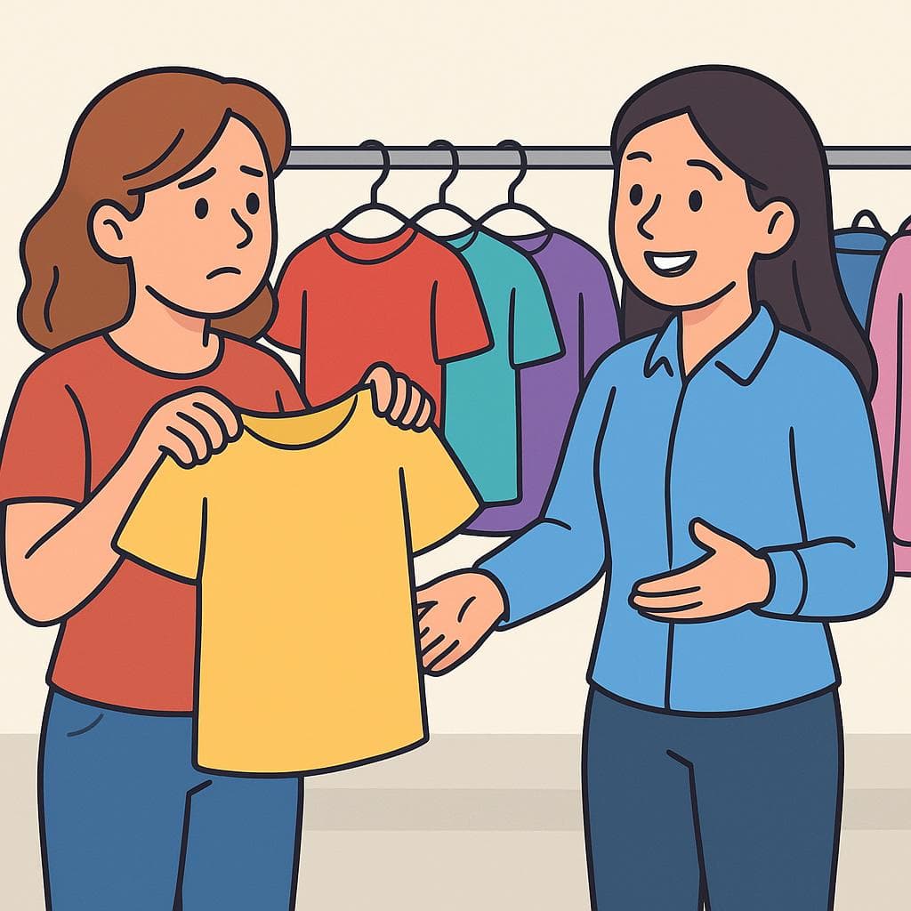A cartoon customer holding a shirt asking a shop assistant a question in a clothing store