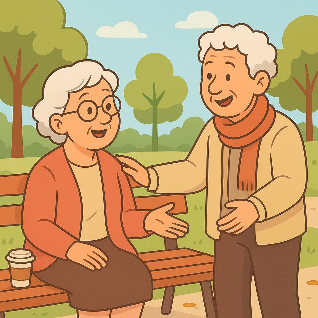 An illustration of two friends reconnecting in a park, one gesturing as if asking 'How have you been?'