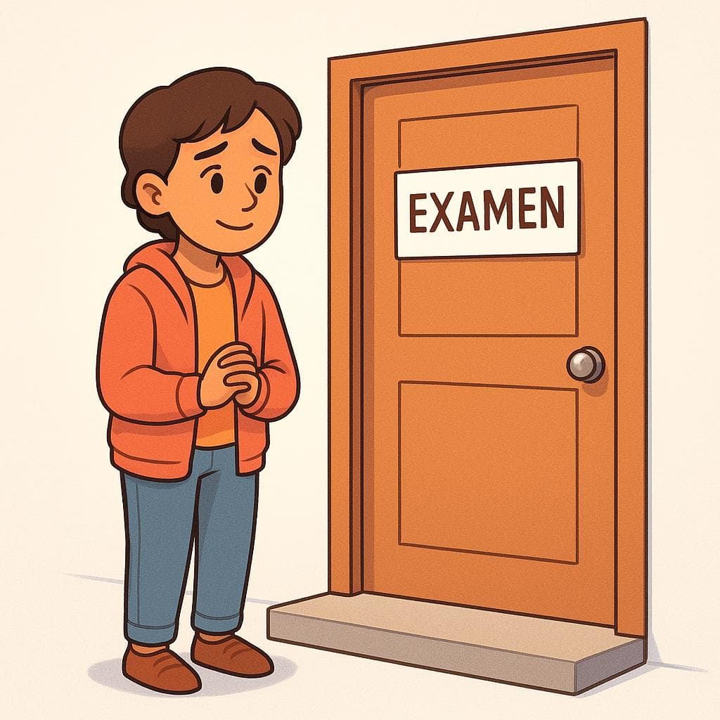 A cartoon person looking nervous while waiting to enter a room for an exam.