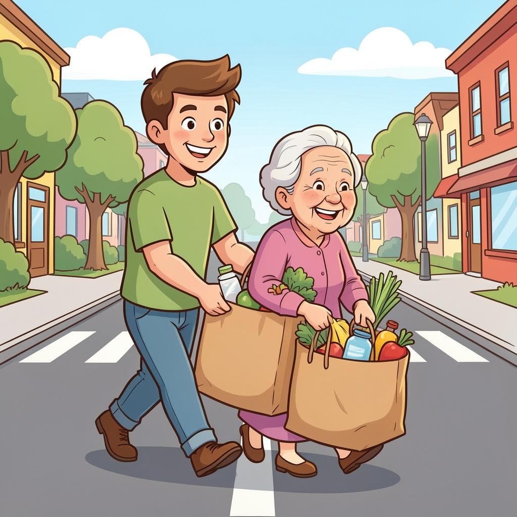 A young man carrying groceries for an elderly woman with smiles on their faces.