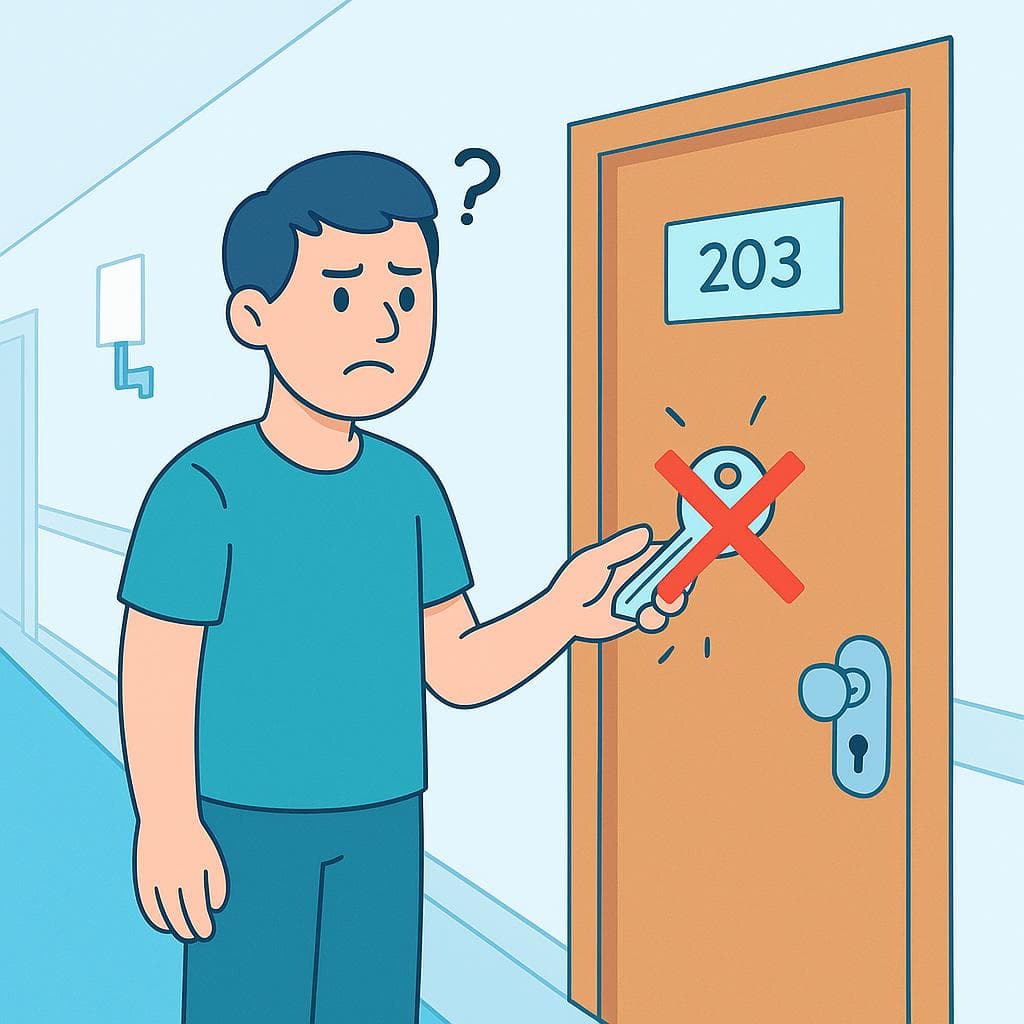 A cartoon person is unable to open a door because their key doesn't work.