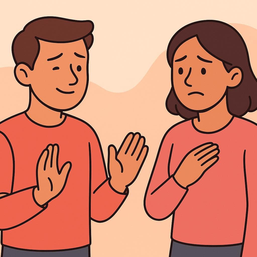 A cartoon character politely declining something with a kind and slightly regretful facial expression, while another character listens.